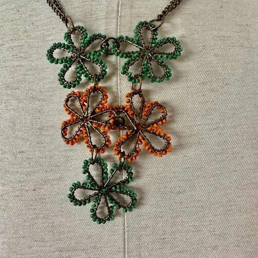 Green and orange flower beaded necklace